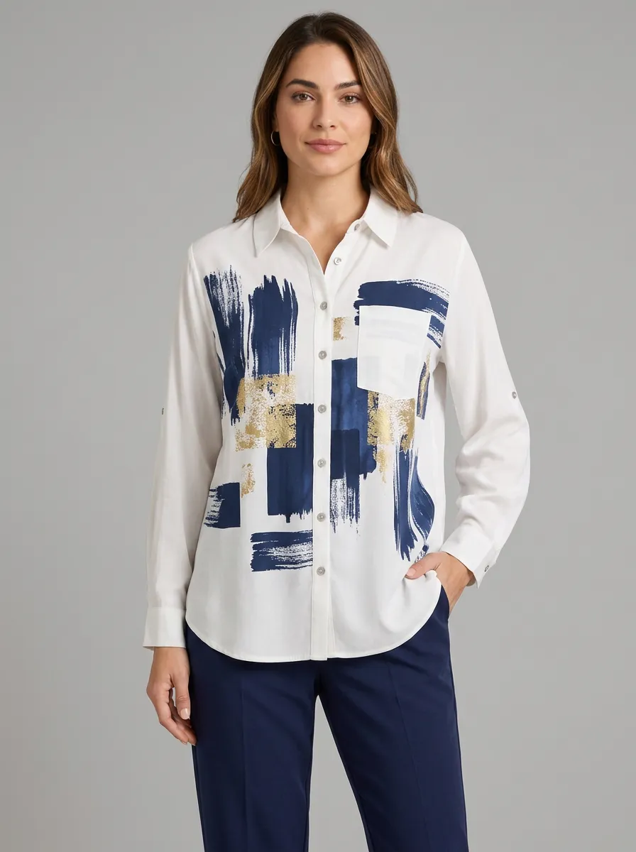 Women's Abstract Navy Gold Brushstroke Printed Button-up Shirt