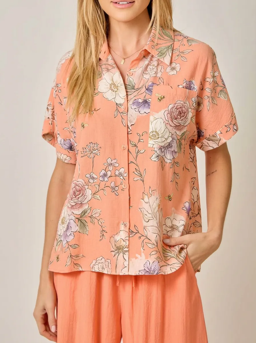 Women's Floral Bee Pattern Peach Printed Button-Down Shirt