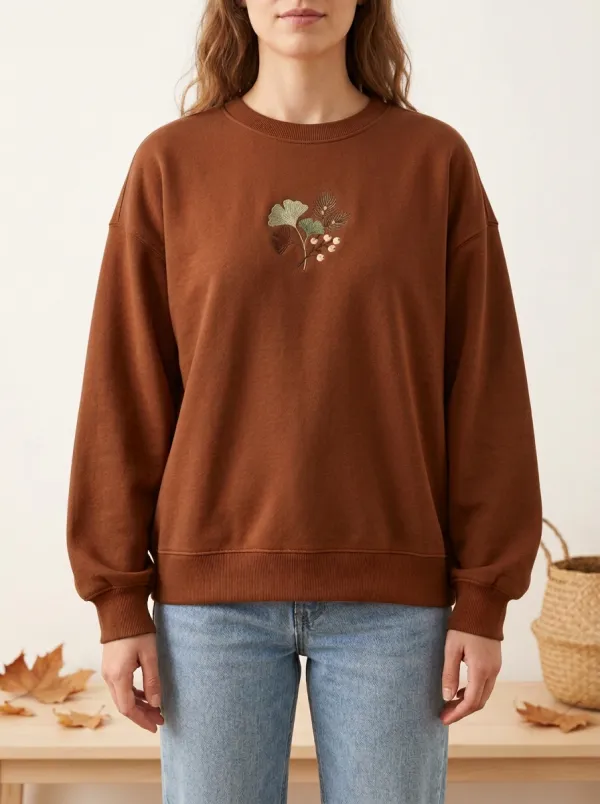 Ginkgo-Leaf Embroidered Leaf-Motif Graphic Sweatshirt