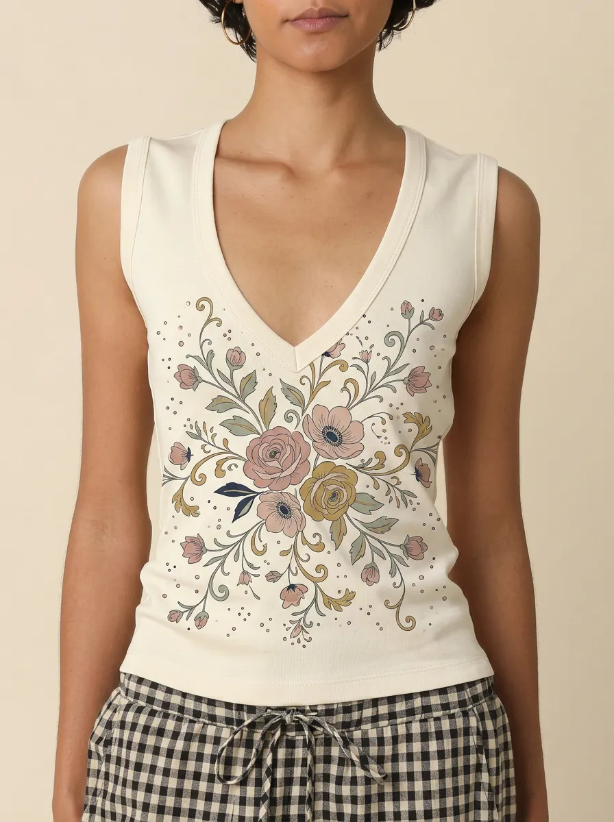 Women's Floral Lover Vintage Botanical Printed V-neck Tank Top