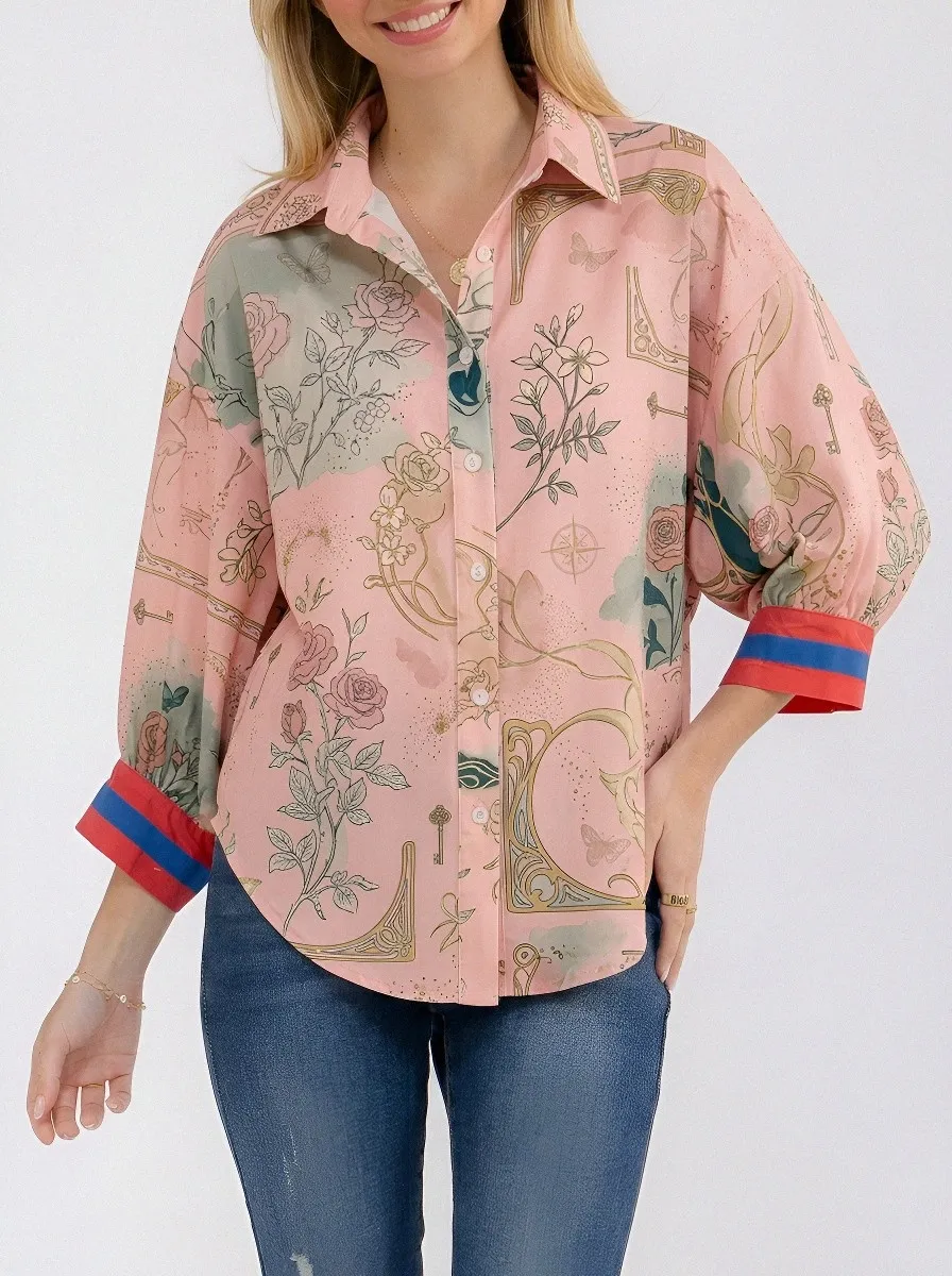 Women's Vintage Floral Key Butterfly Printed Button-up Shirt