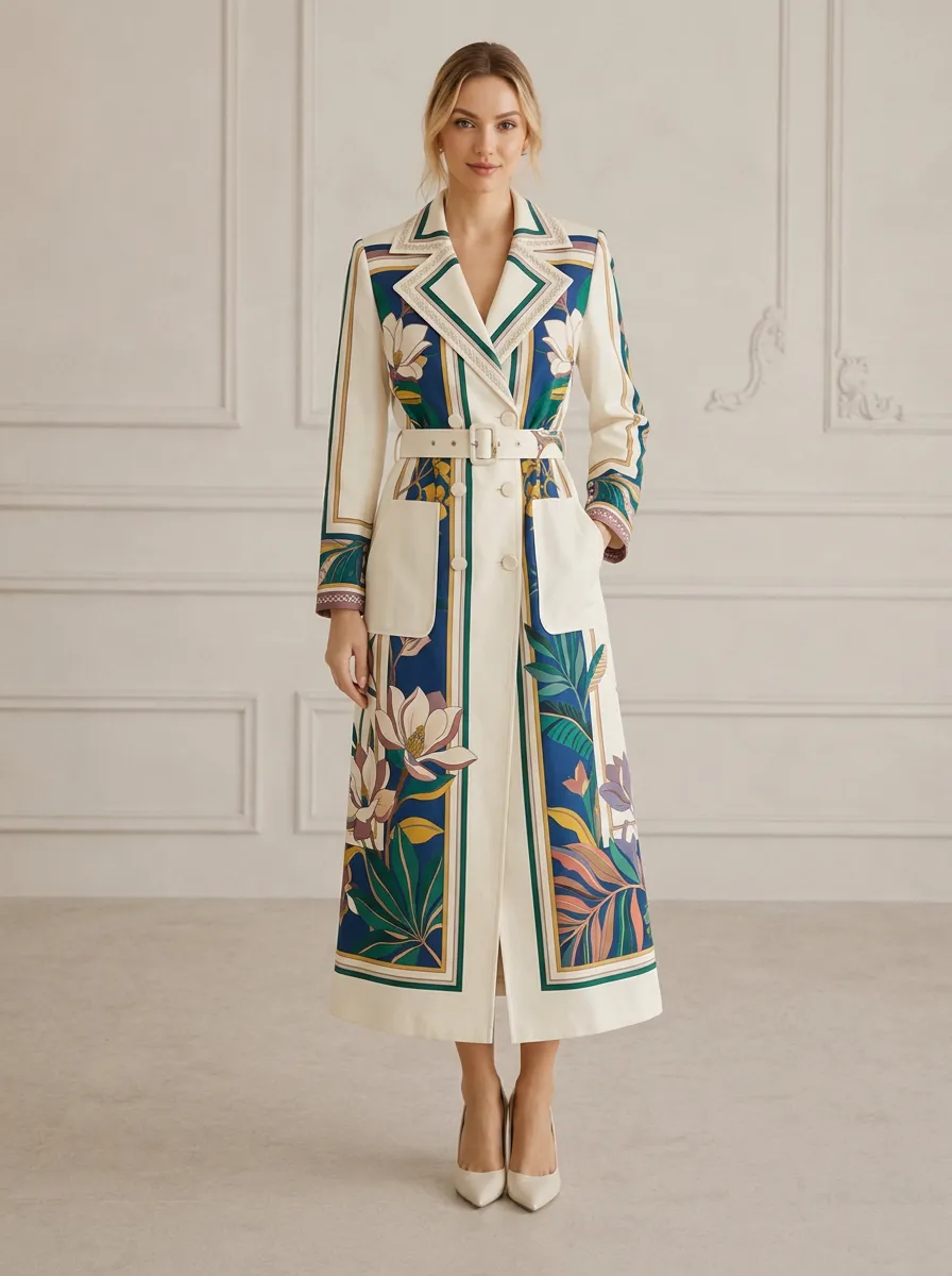 Women's Floral Botanical Art Printed Trench Coat