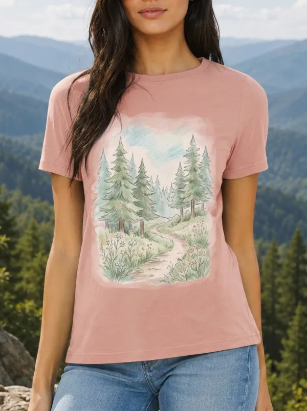Women's Nature Lover Forest Path Watercolor Printed T-shirt