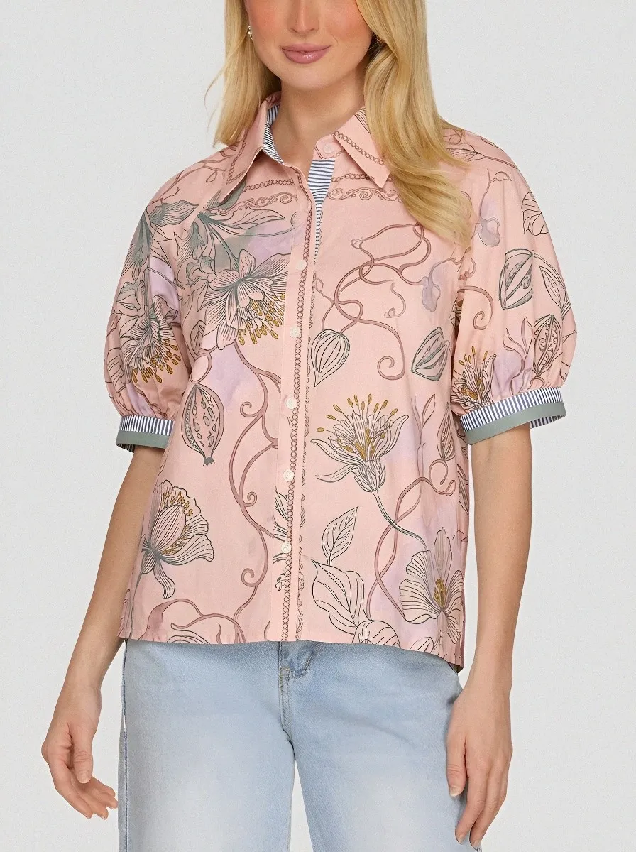 Women's Vintage Floral Botanical Printed Puff Sleeve Shirt
