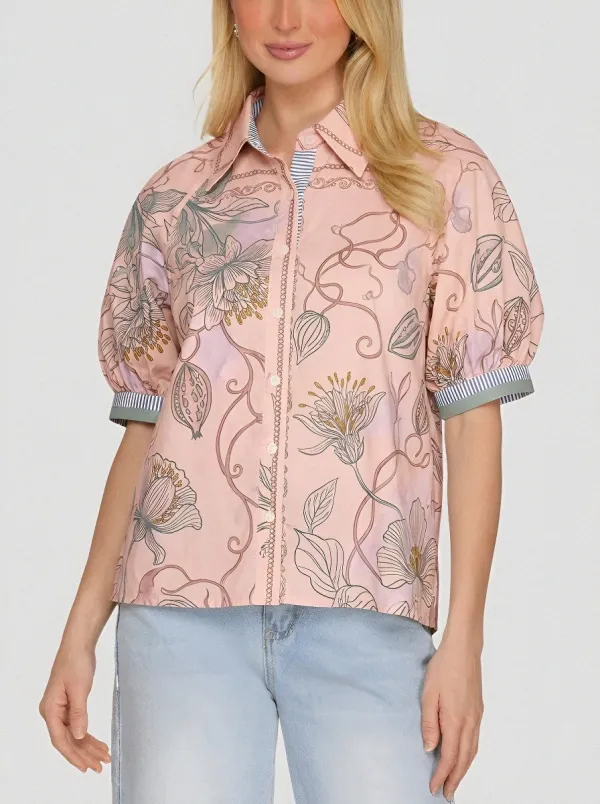 Women's Vintage Floral Botanical Printed Puff Sleeve Shirt