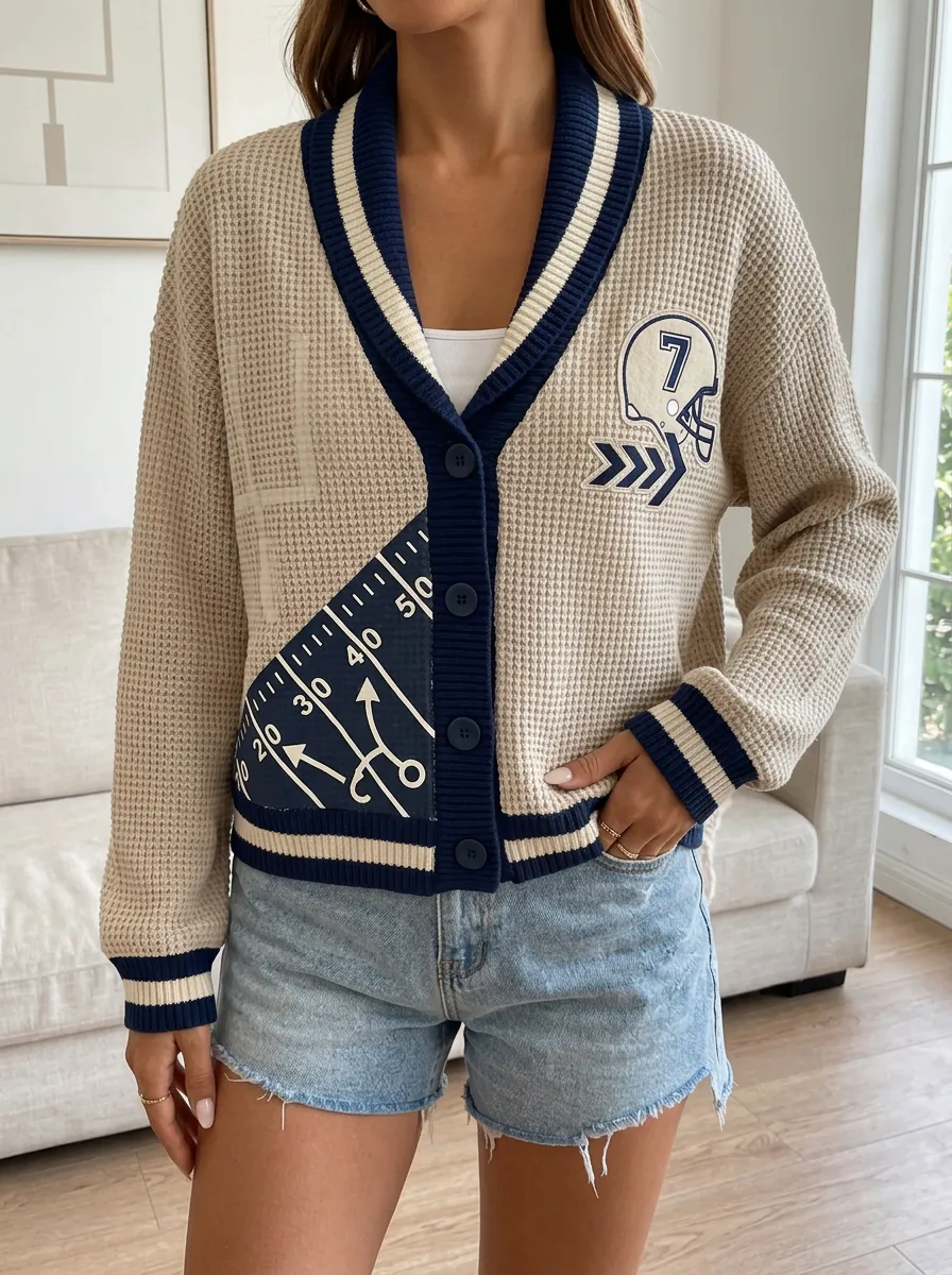 Women's Football Fan Helmet Field Printed Waffle Knit Cardigan