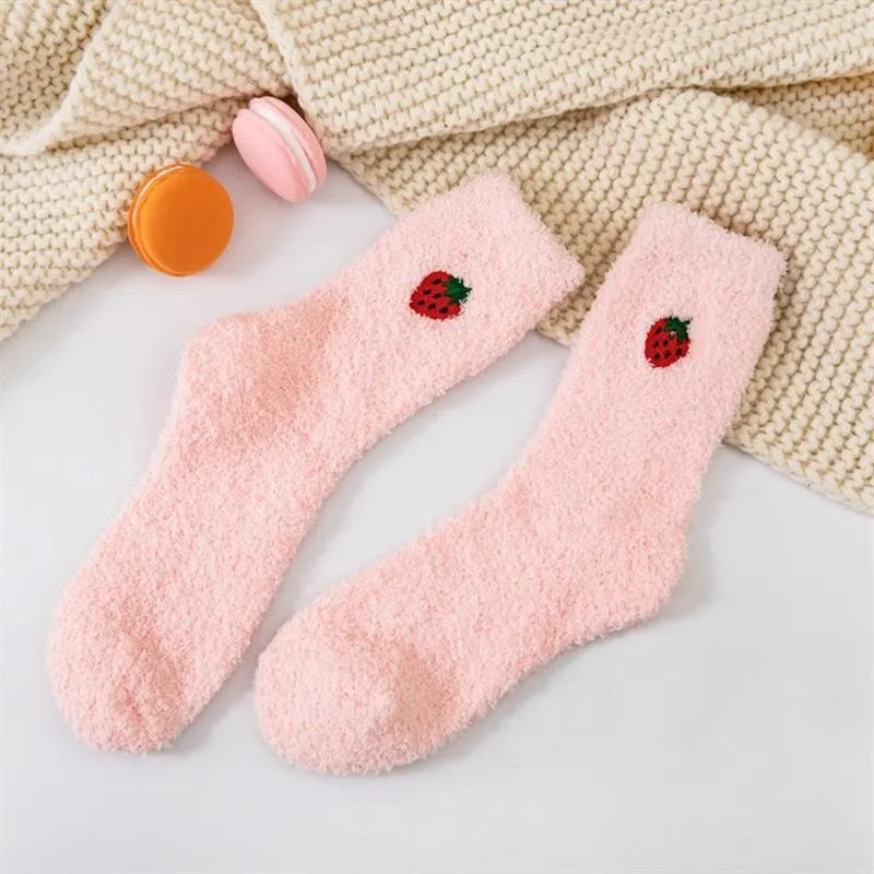 Plush Fruit Embroidered Crew Socks