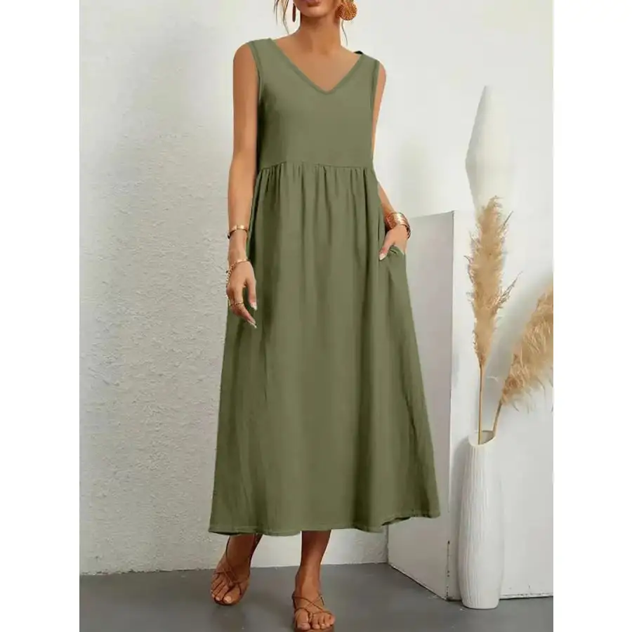 Full Size Pocketed V-Neck Sleeveless Midi Dress Plus Size