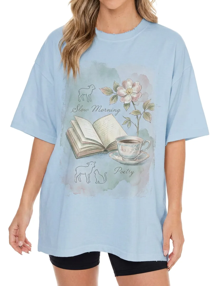 Women's Book Lover Slow Morning Poetry Lamb Cat Printed T-shirt