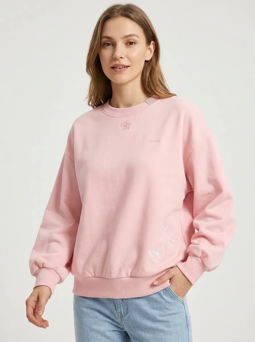 Women's Bloom Butterfly Floral Embroidered Pink Sweatshirt