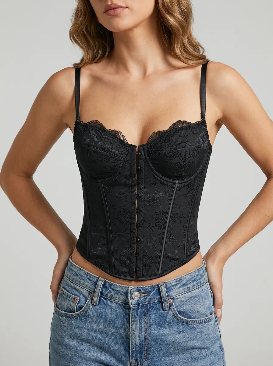 Jacquard Lace-Trim Gothic-Inspired Hook-Front Women's Corset Top