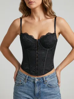 Jacquard Lace-Trim Gothic-Inspired Hook-Front Women's Corset Top