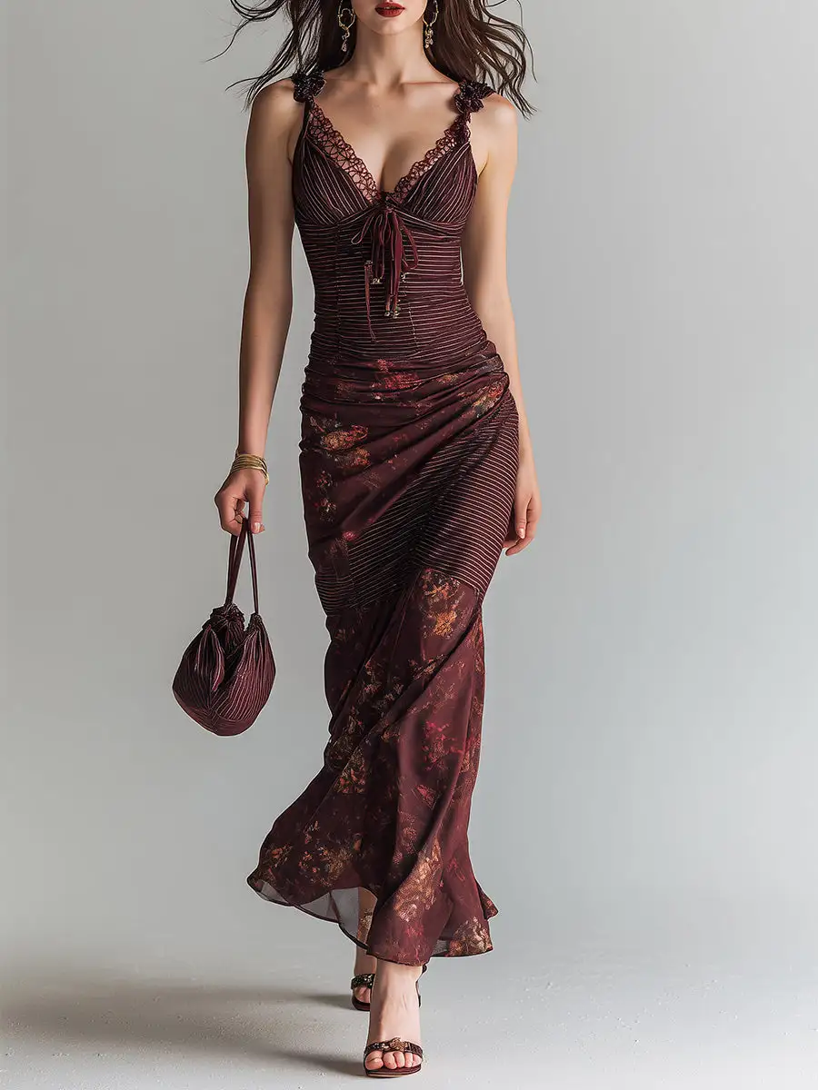 Retro Striped Flower Splicing Suspender Maxi Dress