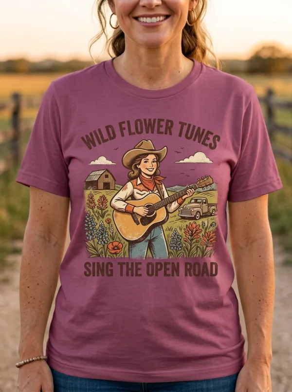 Western-Inspired Music-Themed Women's Country Music Crew-Neck T-Shirt