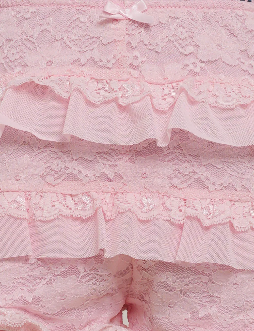Elastic Waist Tiered Ruffle Lace Trim Shorts