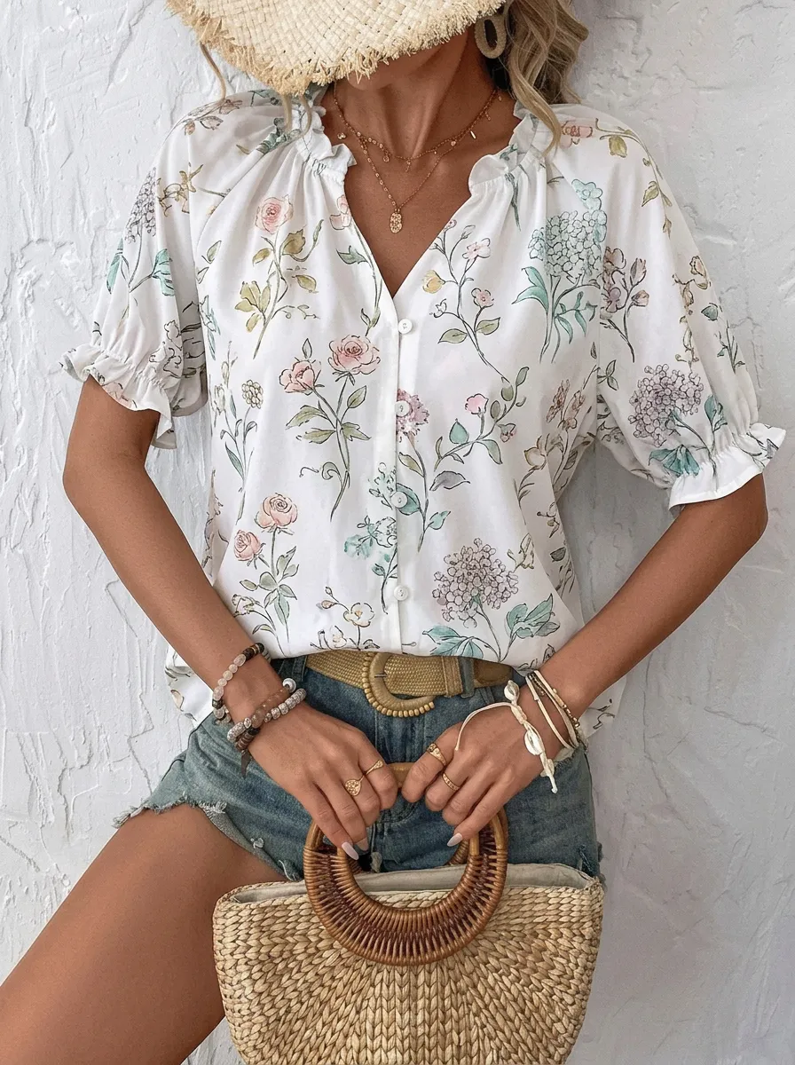 Women's Floral Garden Botanical Printed V-Neck Blouse