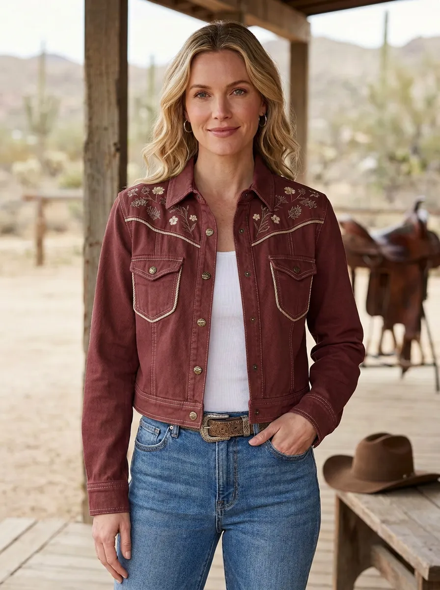 Women's Ranch Inspired Western Floral Embroidery Floral Embroidered Denim Jacket