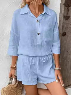 Button-Detail Pocketed Cotton Top and Shorts Matching Set