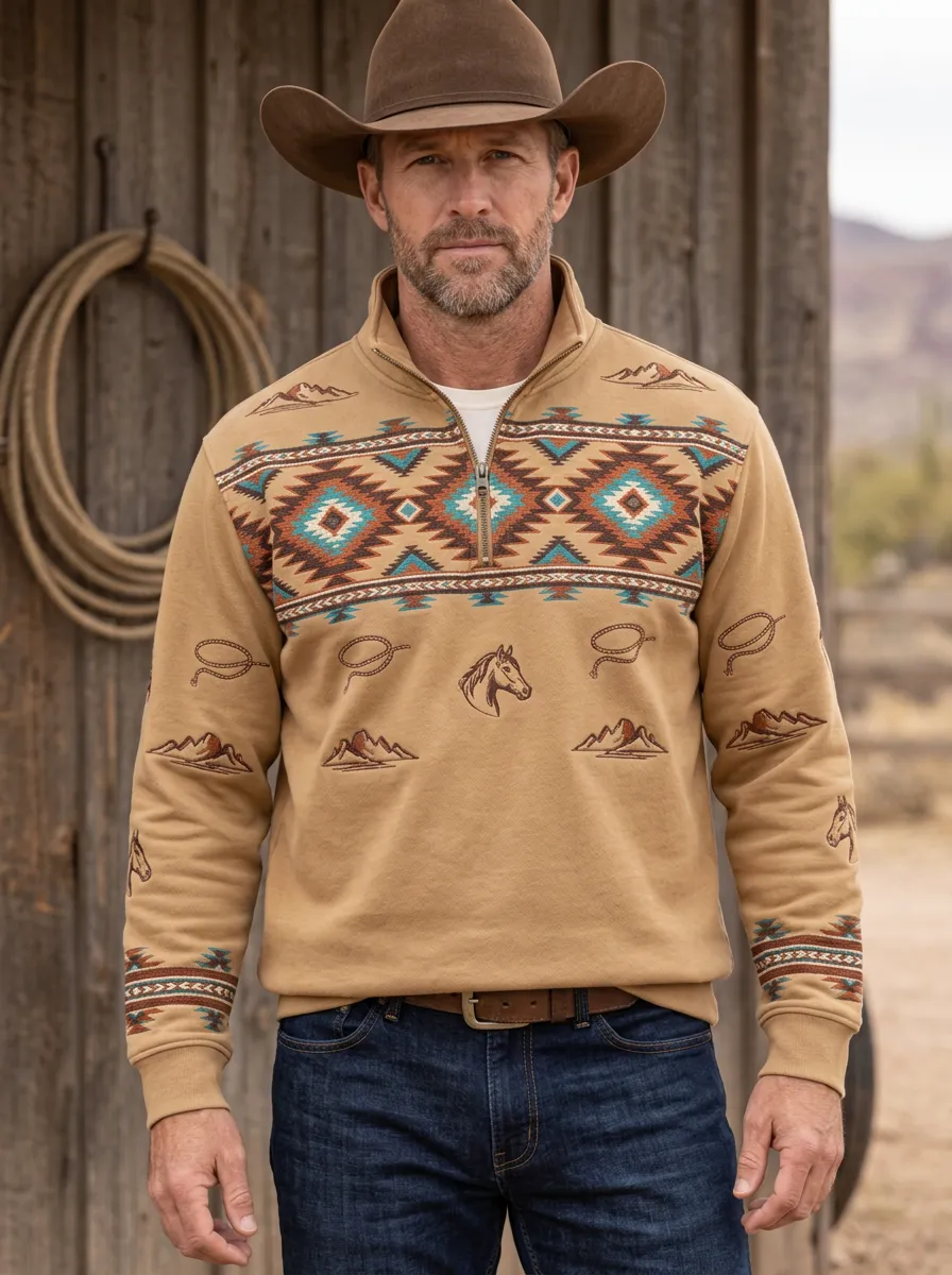 Men's Western Cowboy Horse Mountain Half-Zip Sweatshirt