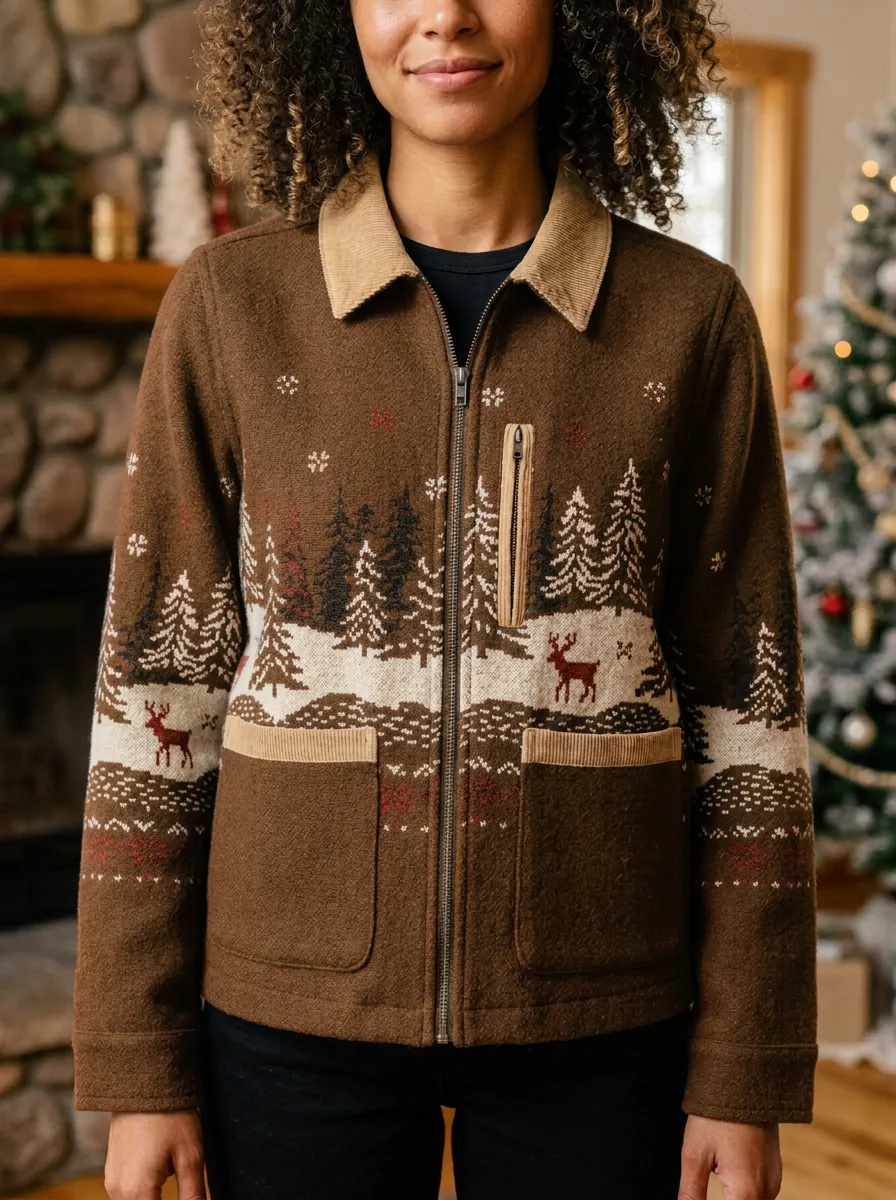 Christmas Holiday Deer Forest Print Zip-up Jacket