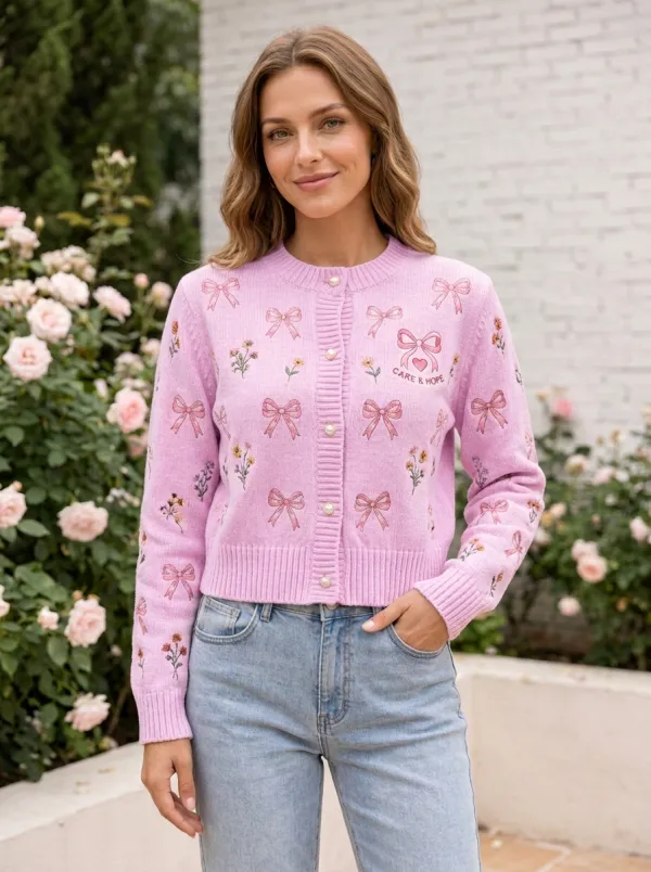 Women's Floral Ribbon Bow Printed Cardigan