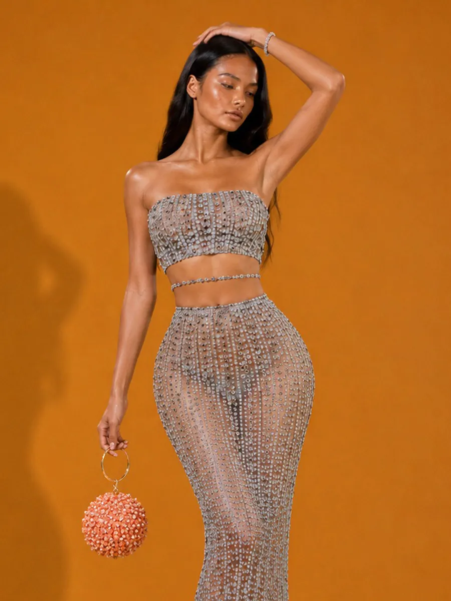 Kiera Sexy Rhinestone Chain Maxi Skirt Two-Piece Set