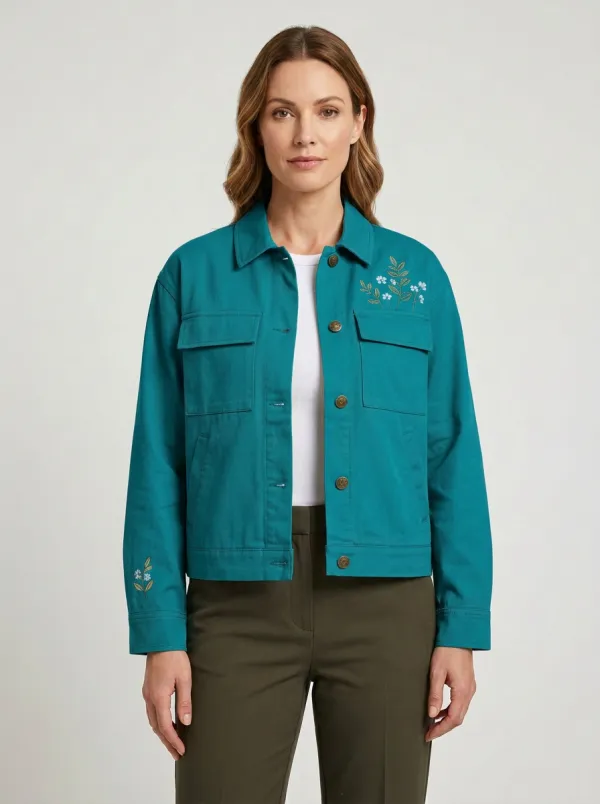 Women's Floral Embroidered Khaki Jacket