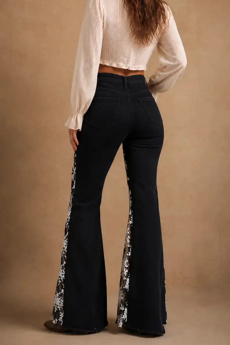 Lace Detail Bell Bottom Western Style Denim Jeans