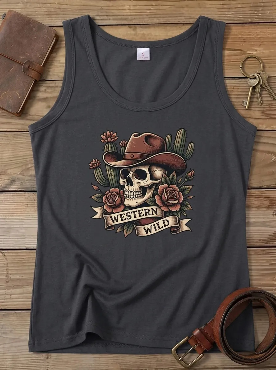 Unisex Western Wild Cowboy Skull Cactus Rose Printed Tank Top