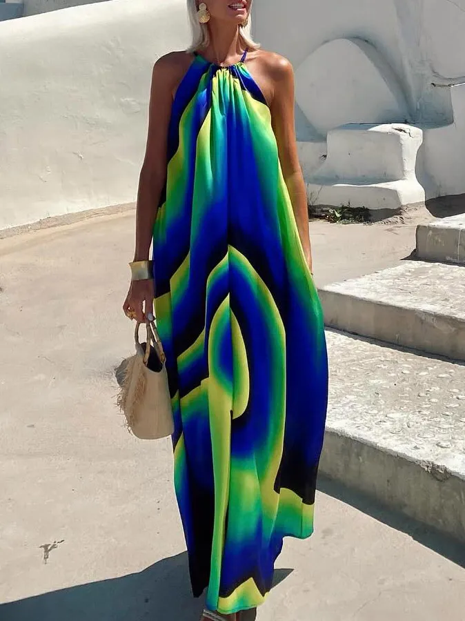 Abstract Swirl Print Halterneck Maxi Dress