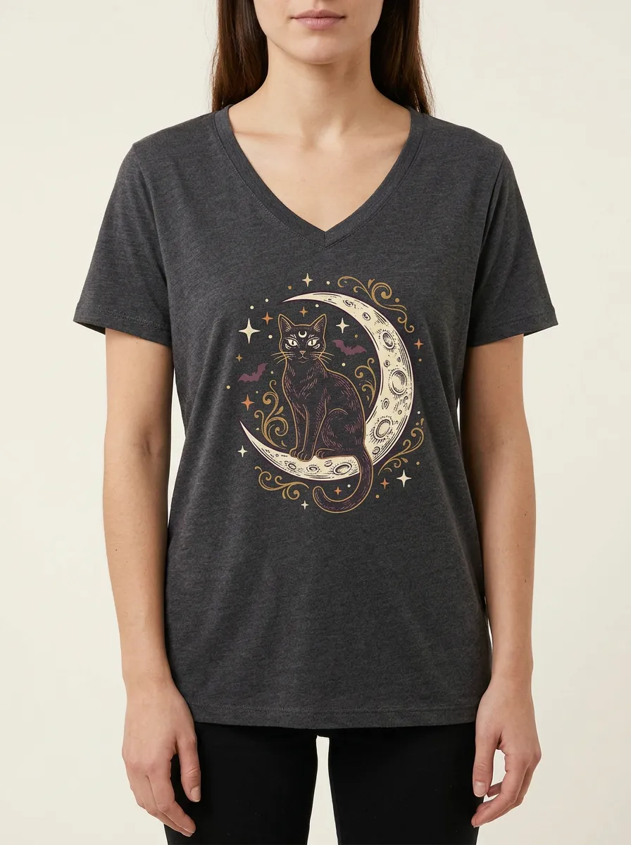 Women's Halloween Cat Lover Crescent Moon Bat Printed V-neck T-shirt