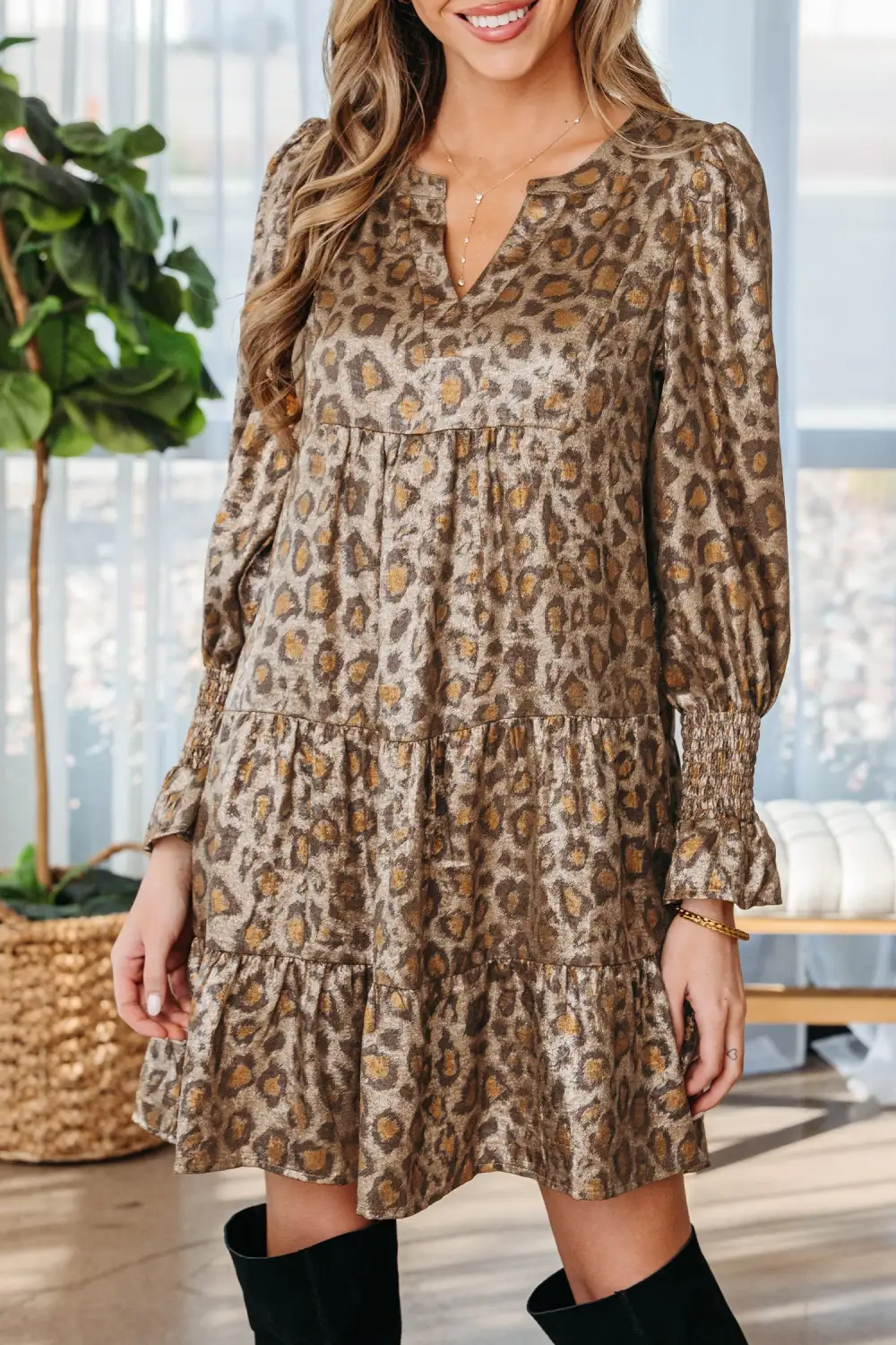 Animal Print V Neck Ruffle Mini Dress