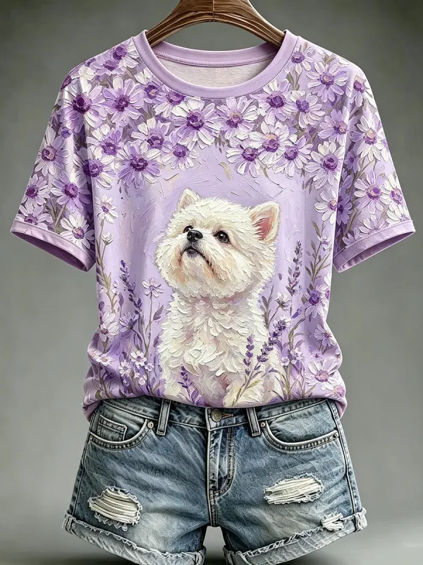 Women's Oil Painting Animal Dog Printed Vintage Fashion Loose Short Sleeve T-Shirt