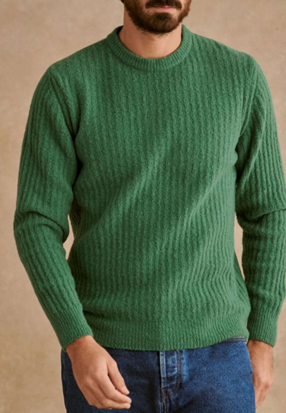 Green Textured Knit Crew Neck Sweater