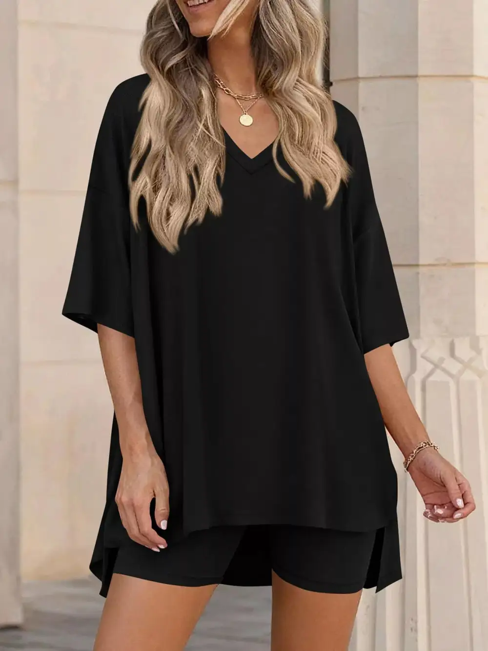 Casual Loose V Neck T Shirt Shorts Sets
