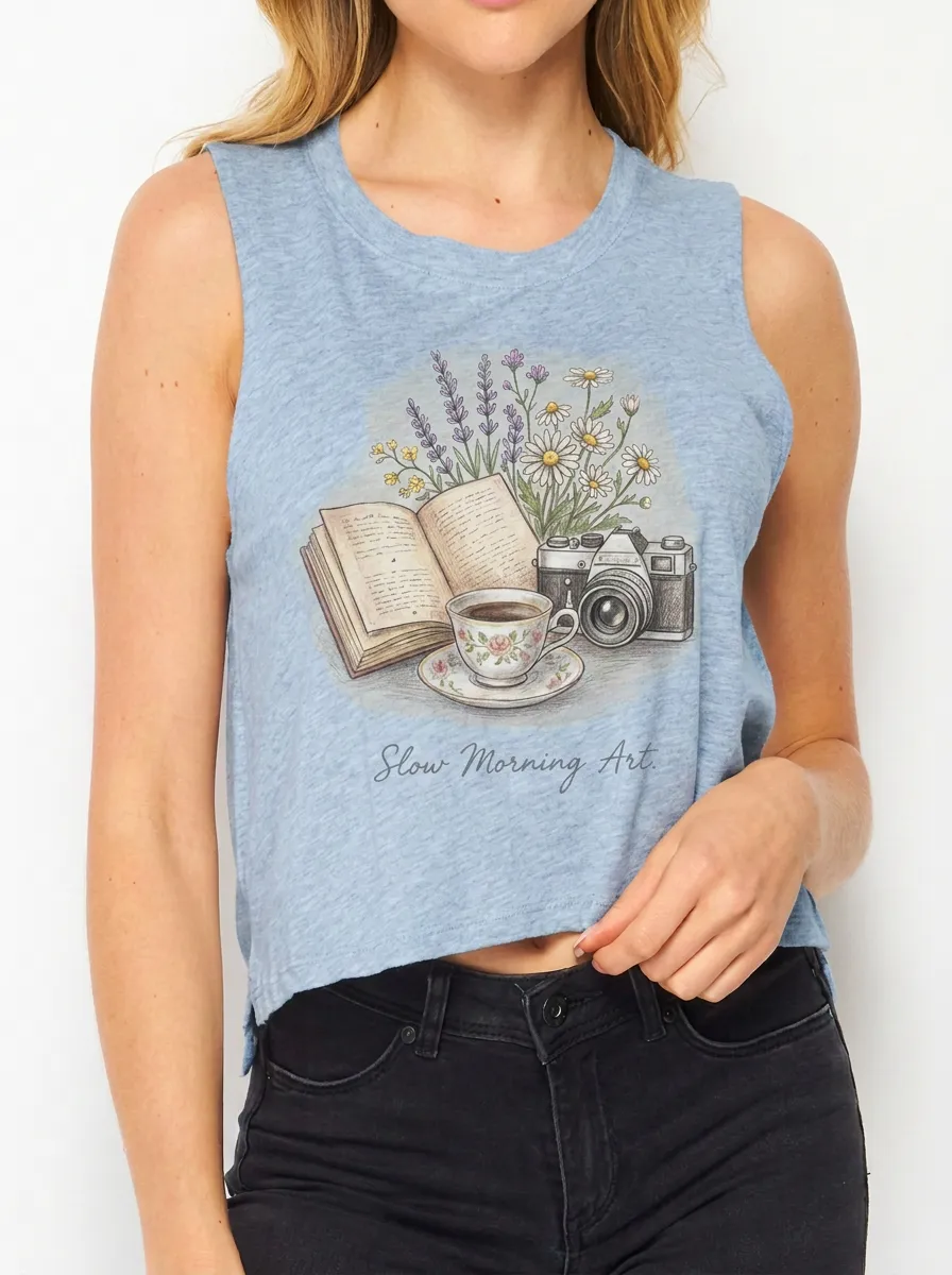 Women's Book Coffee Camera Floral Printed Tank Top