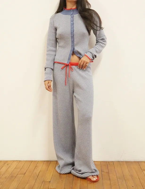 Blue Cotton Blend Relaxed Wide Leg Pants