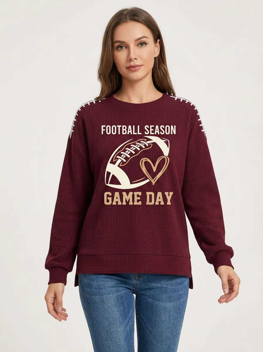 Women's Football Season Heart Graphic Printed Waffle Knit T-Shirt