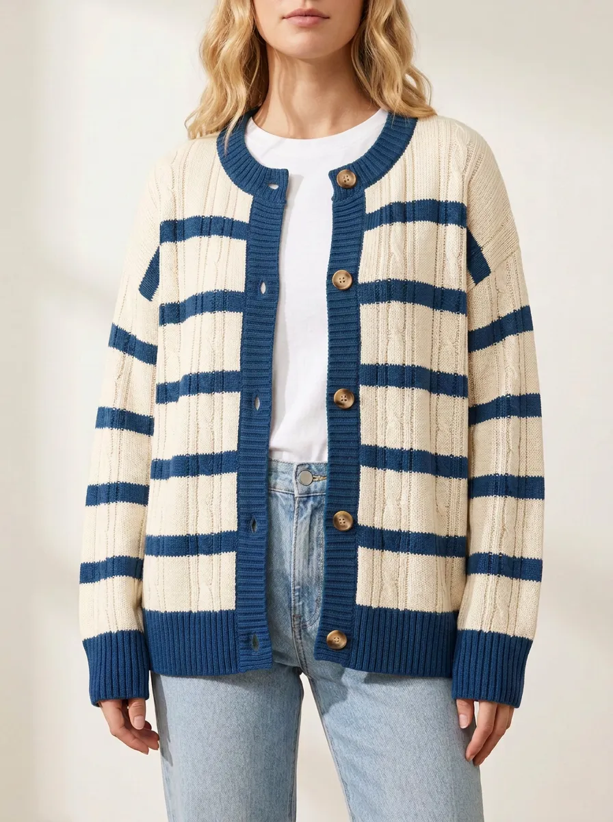 Cable Knit Rugby Striped Cable Knit Cardigan