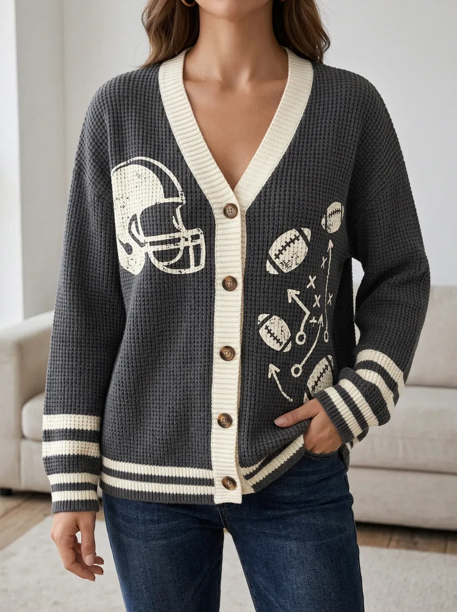 Women's Heritage Football Fan Helmet Play Printed Waffle Knit Cardigan