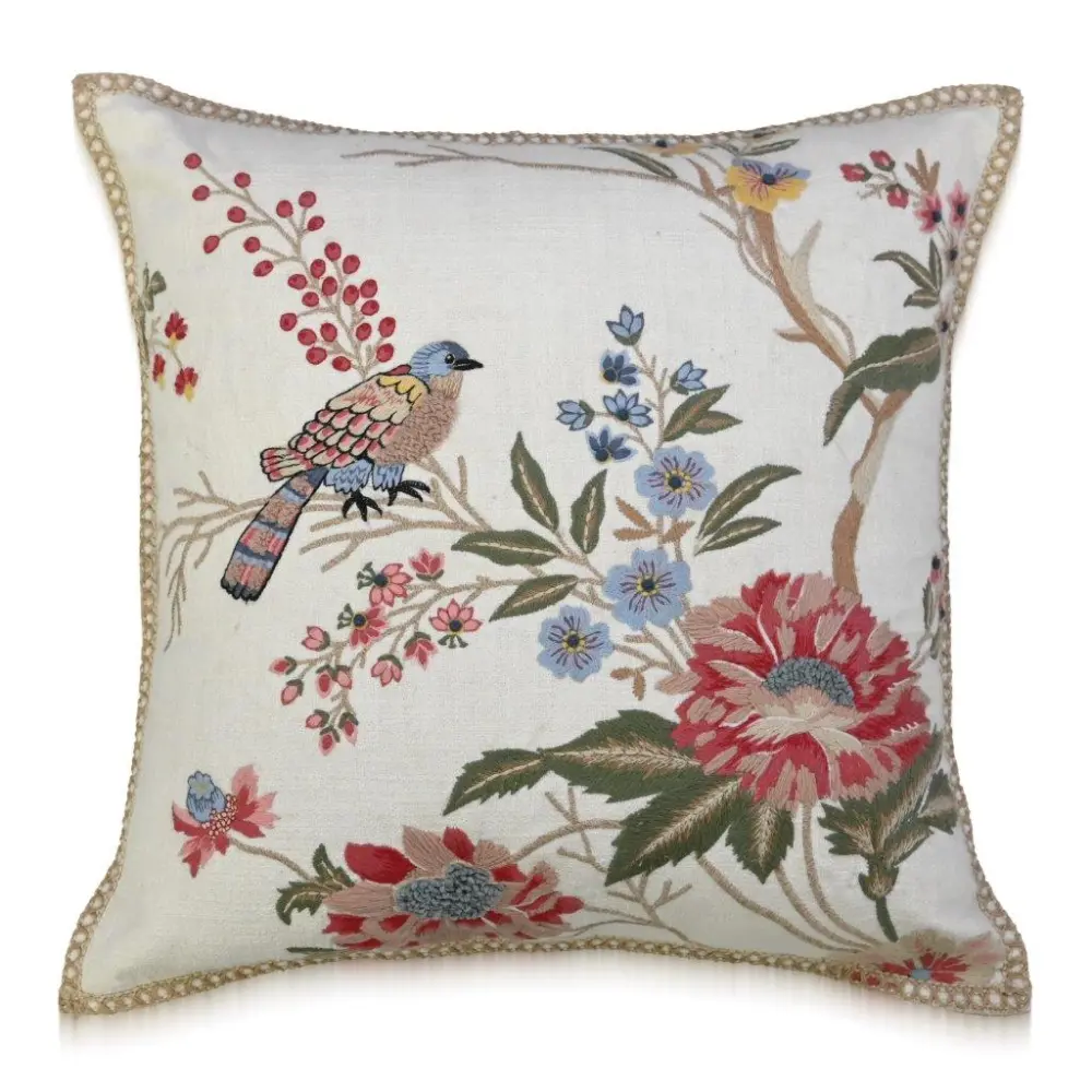 Artisan Profile Hand Embroidered Floral Botanical Cotton Decorative Cushion Cover
