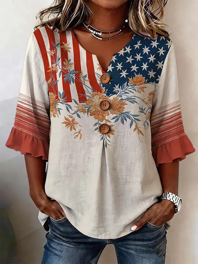 Women's USA V Collar Half Sleeve Printed Regular Micro Elastic Regular Shirt