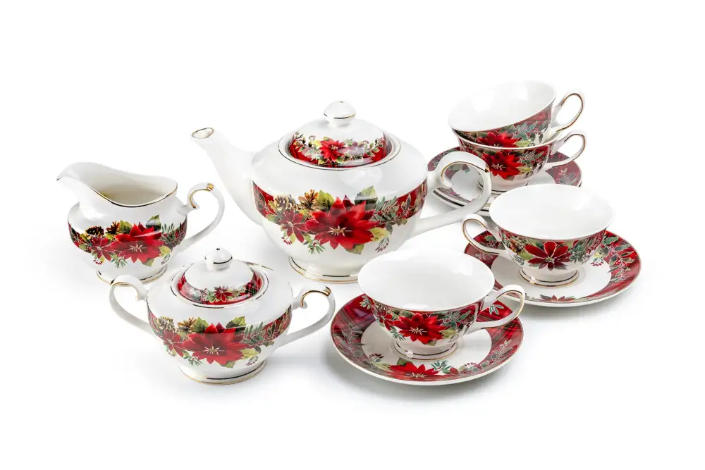 Poinsettia Pine Cone Porcelain Tea Set