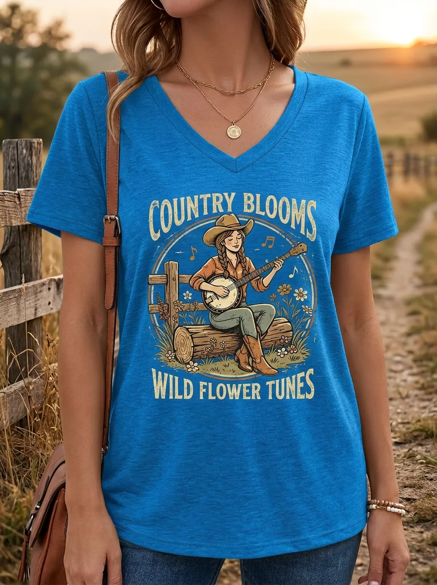 Western-Inspired Country Music Banjo Player Wildflower V-Neck T-Shirt