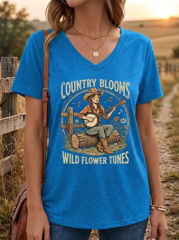 Western-Inspired Country Music Banjo Player Wildflower V-Neck T-Shirt