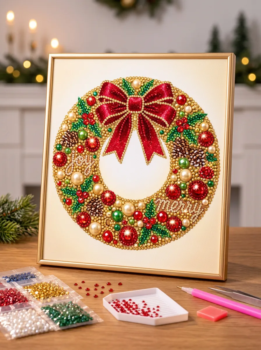Joy Merry Wreath Red Bow Christmas DIY Diamond Painting Kit