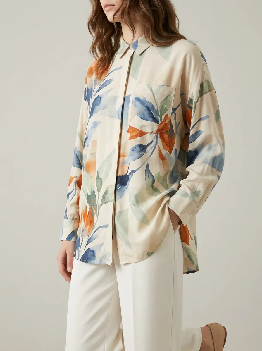 Women's Watercolor Botanical Print Long Sleeve Shirt