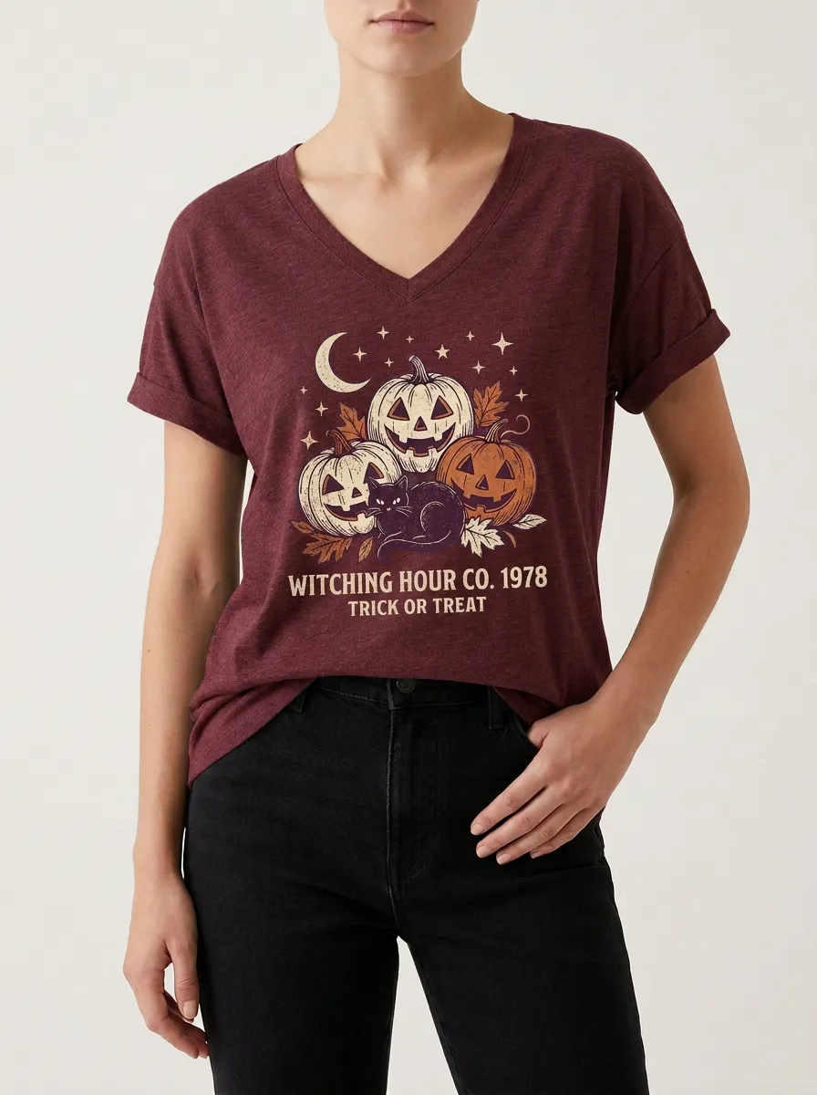 Women's Halloween Pumpkin Cat Witching Hour Printed V-neck T-shirt