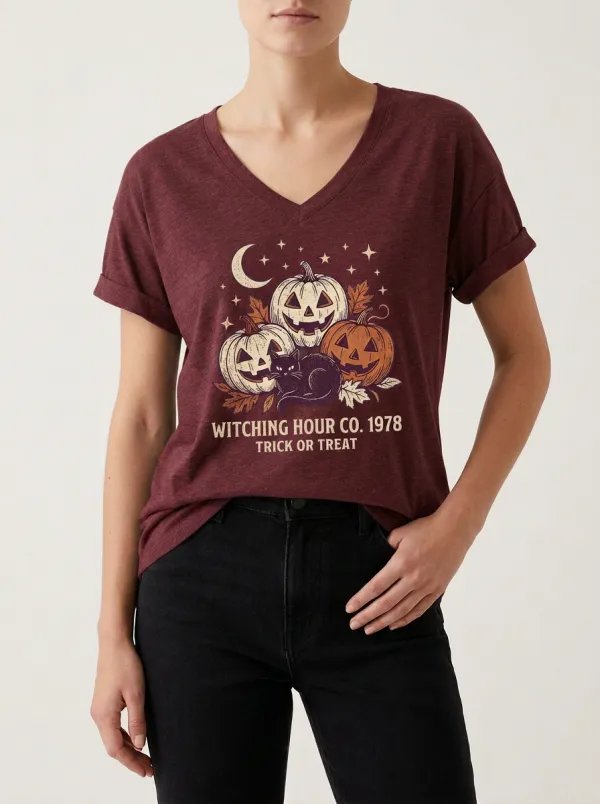 Women's Halloween Pumpkin Cat Witching Hour Printed V-neck T-shirt