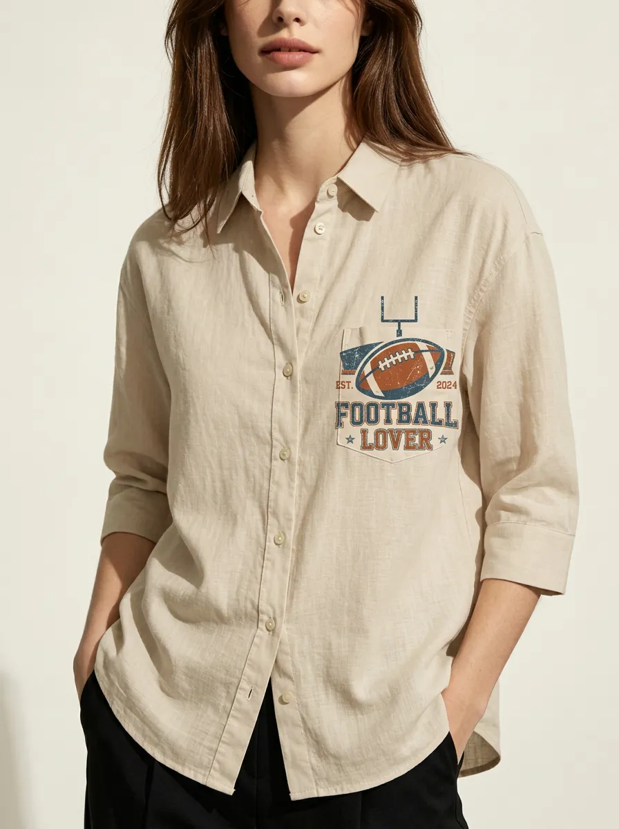Women's American Football Lover Vintage Graphic Printed Button-up Shirt